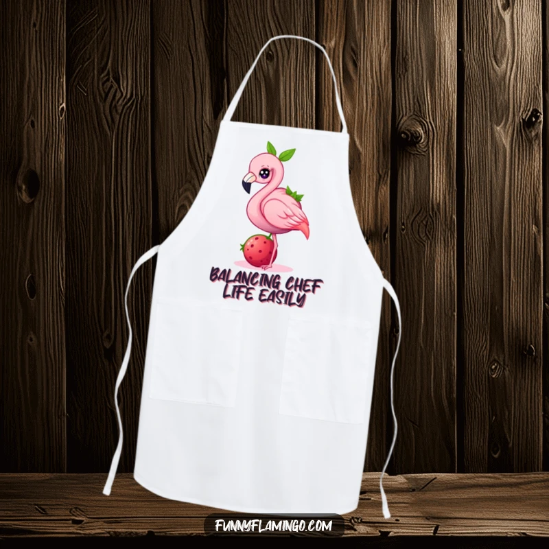 Funny flamingo apron, a pink bird balancing a giant berry while cooking, perfect for kitchen humor and protection.