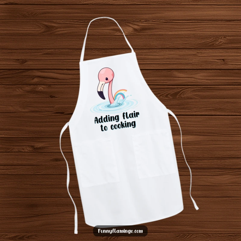 Funny flamingo apron featuring a playful flamingo splashing water to create a rainbow, a whimsical and practical accessory.