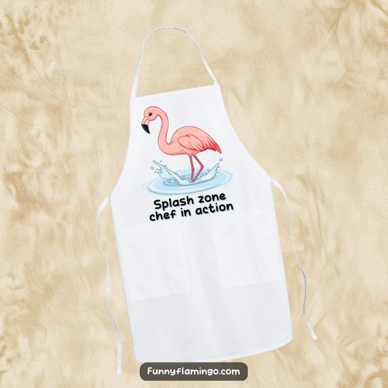 Funny flamingo apron, a pink bird playfully splashing water with its beak, bringing fun to kitchen tasks.