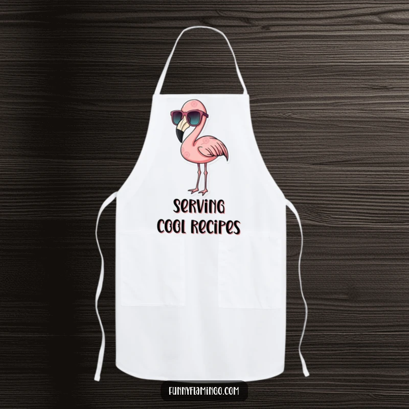 Funny flamingo apron depicting a bird wearing oversized sunglasses, looking cool while handling kitchen tasks.