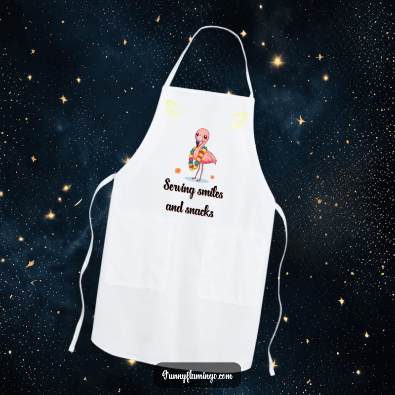 Funny flamingo balancing leis on its beak on a kitchen apron. Tropical and funny for chefs.