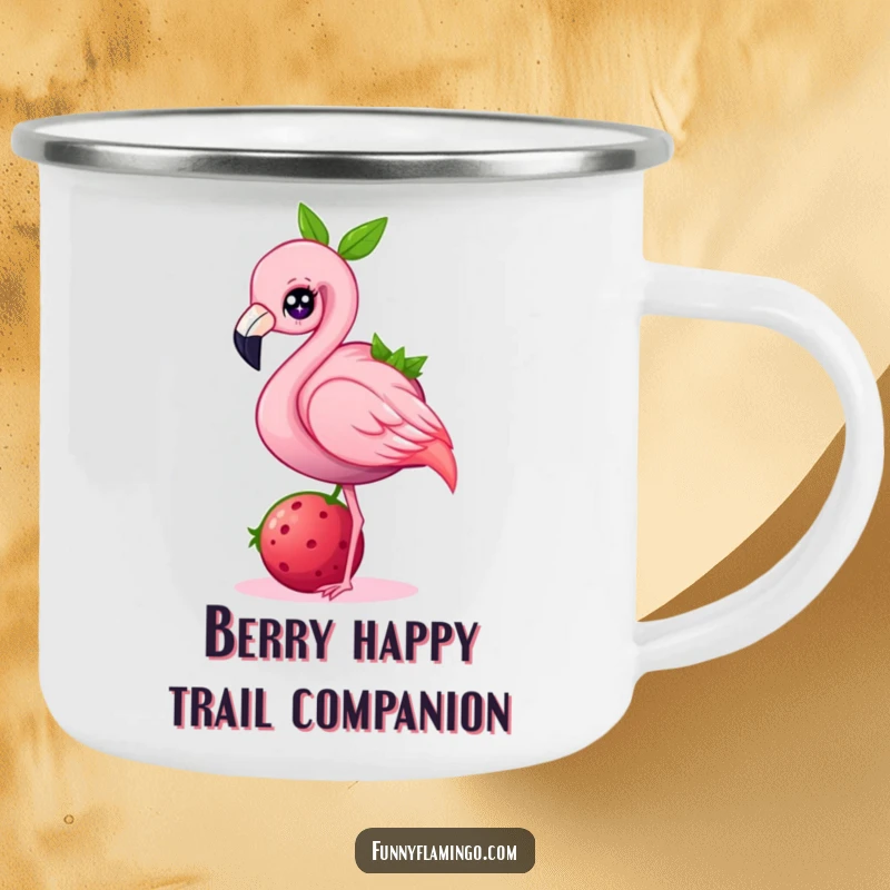Funny flamingo camping mug, a pink bird balancing a large berry, designed for outdoor enjoyment and humor.