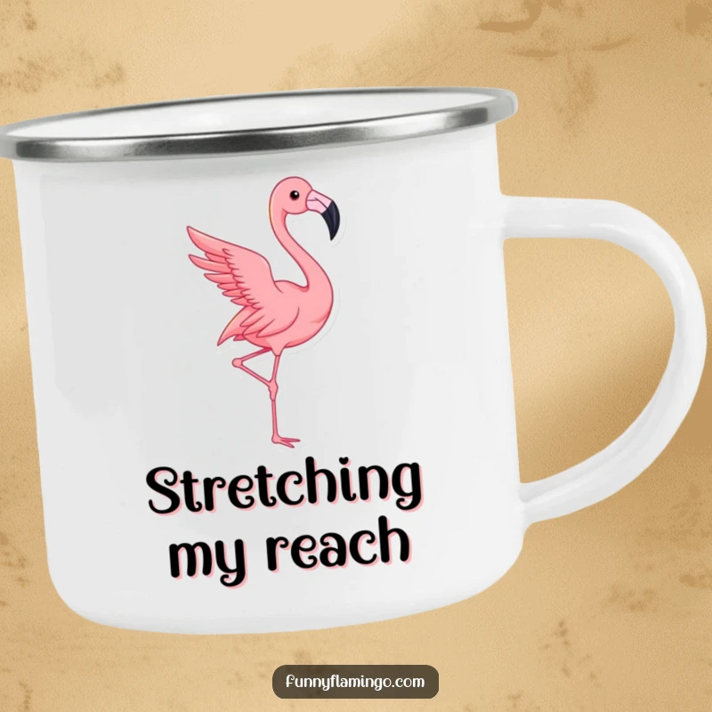 Funny flamingo camping mug featuring a pink bird in a dramatic pose, ready for campfire stories.