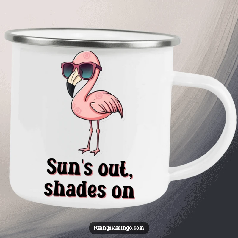 Funny flamingo camping mug featuring a bird wearing oversized sunglasses, looking super cool in nature.