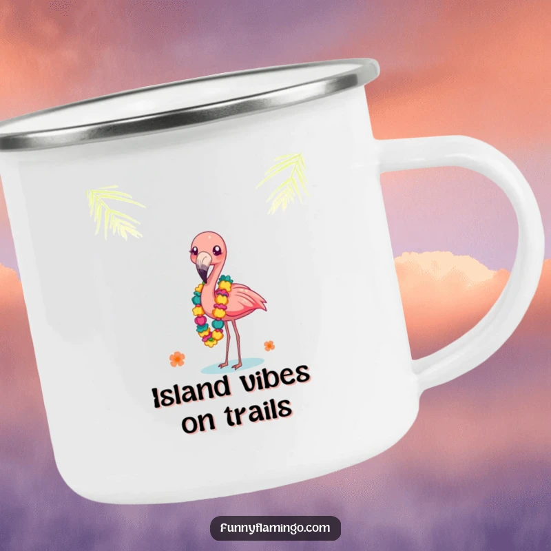 Funny flamingo balancing leis on its beak on a camping mug. Tropical and funny for outdoors.