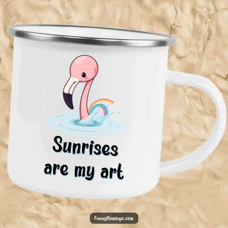 Funny flamingo camping mug showing a playful flamingo splashing water to create a rainbow, ideal for outdoor use.