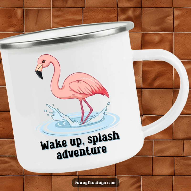 Funny flamingo camping mug, a pink bird energetically splashing water with its beak, designed for outdoor fun.