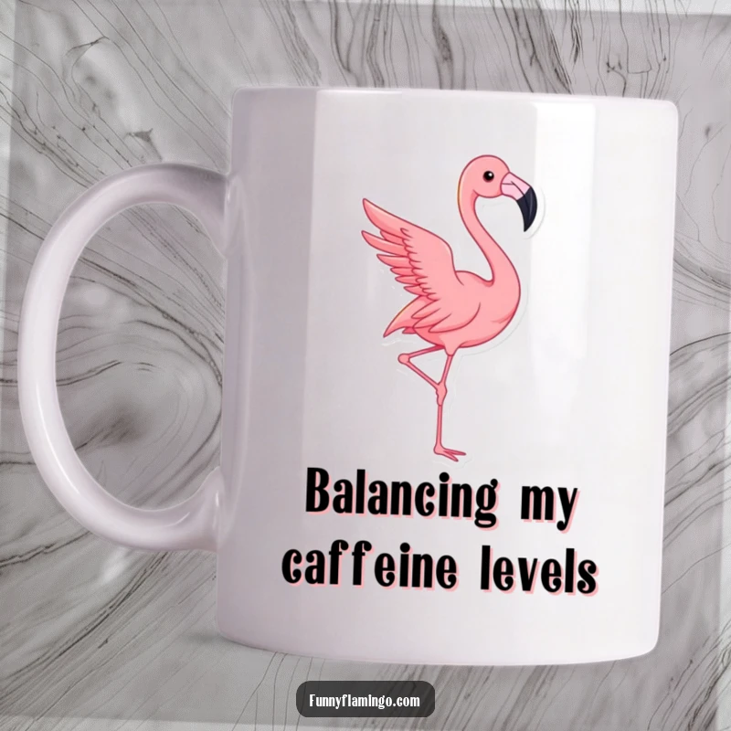 Funny pink flamingo mug with one leg up, striking a dramatic pose, looking fabulous and ready for anything.