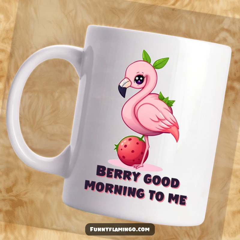 Funny flamingo mug, a pink bird with sparkling eyes precariously balancing a giant berry, bringing joy and whimsy.