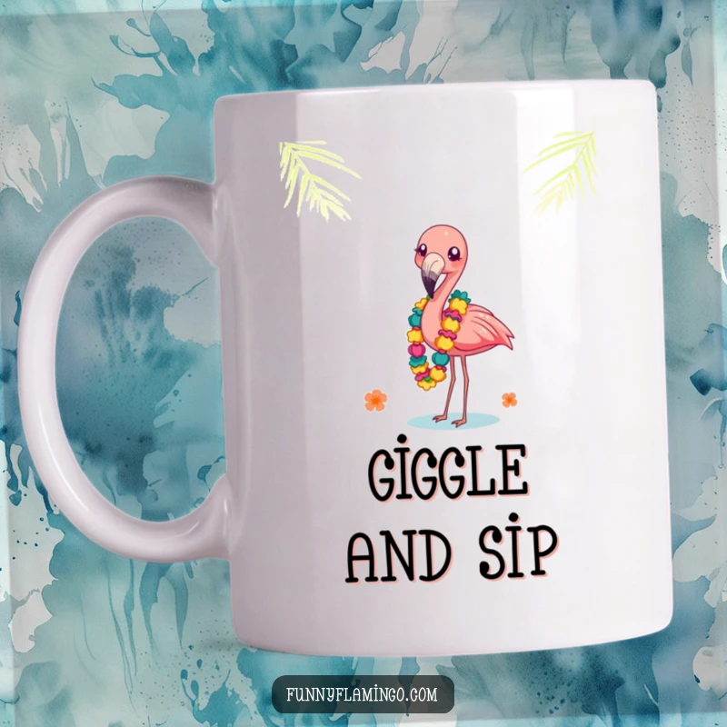 Funny flamingo giggling while balancing a tall stack of colorful leis on its beak. Tropical and humorous mug.