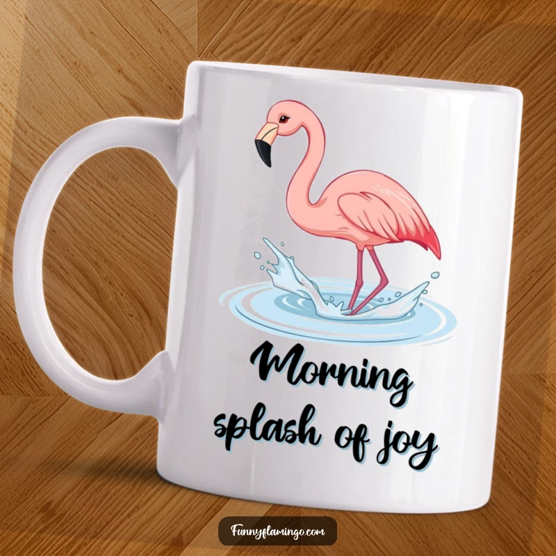 Funny flamingo mug design showing a pink bird playfully splashing water with its beak, radiating cheerful energy.