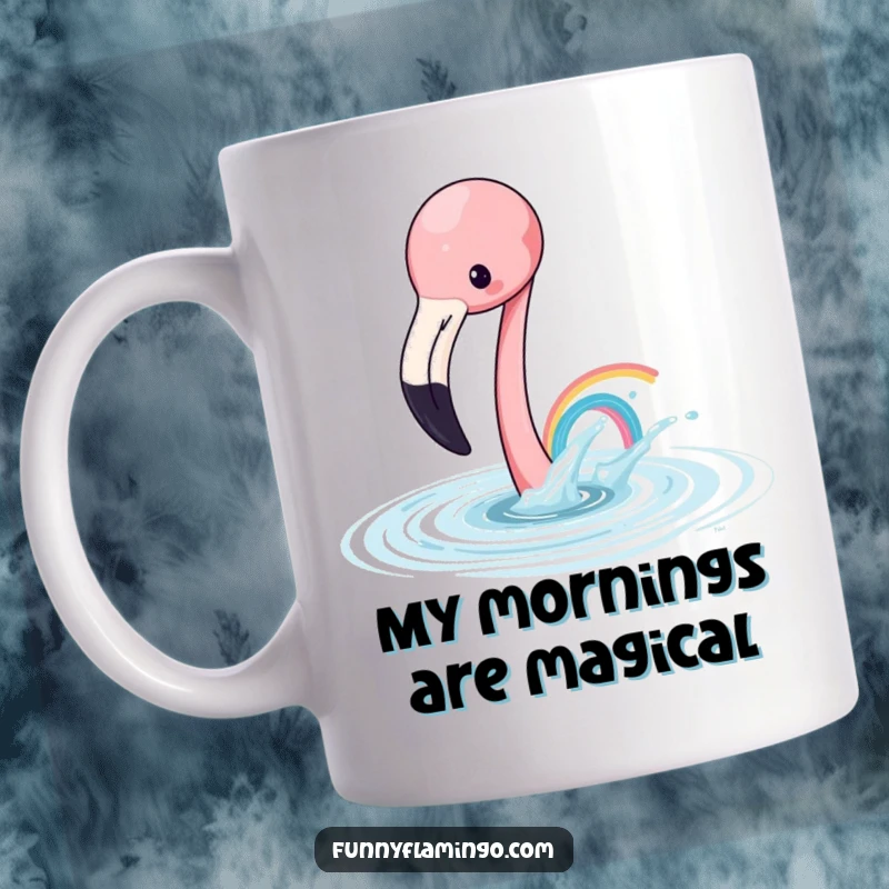 Funny flamingo mug featuring a playful flamingo splashing water to create a tiny rainbow, a cheerful and colorful gift.