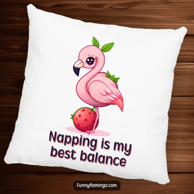 Funny flamingo pillow, a cute pink bird with a sparkle balancing a large berry, perfect for humorous and comfortable decor.