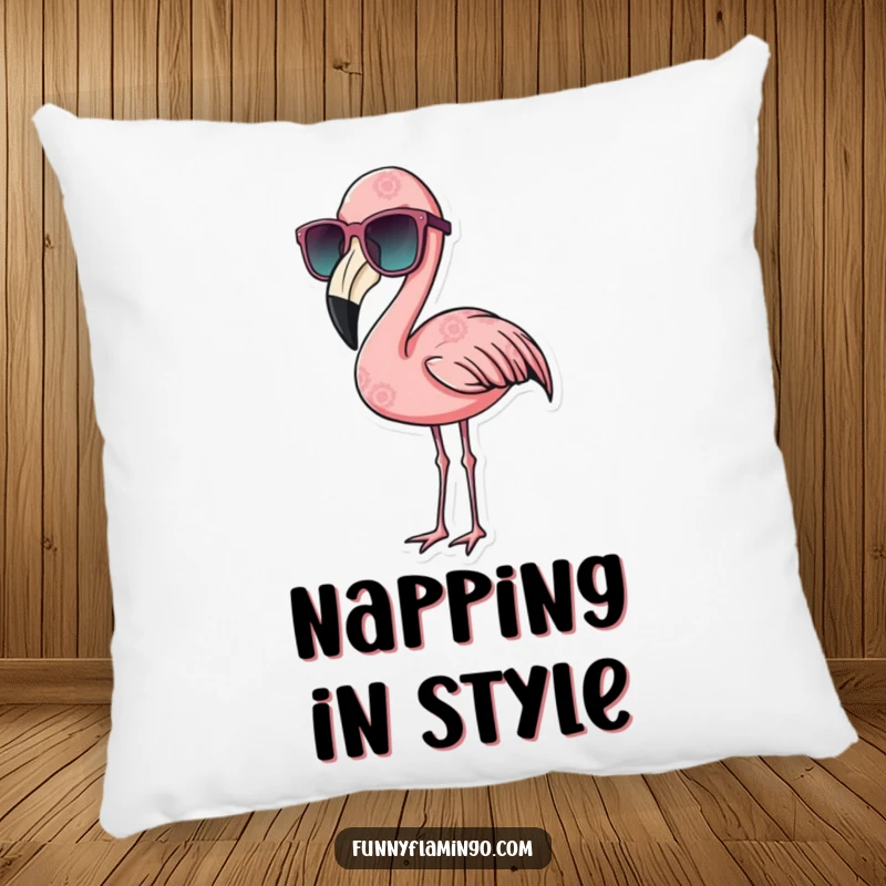 Funny flamingo pillow featuring a bird wearing oversized sunglasses, looking supremely cool and relaxed.