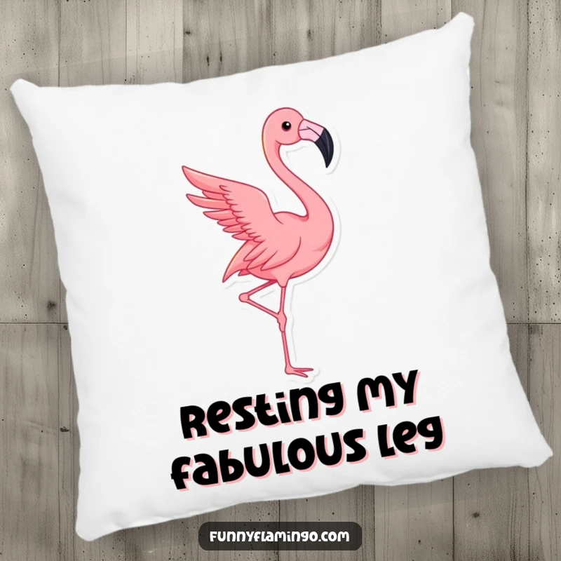 Funny flamingo pillow featuring a pink bird striking a dramatic, elegant pose with one leg gracefully extended.