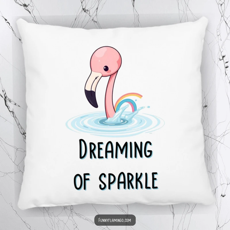 Funny flamingo pillow with a playful flamingo splashing water to create a tiny rainbow, soft and decorative gift.