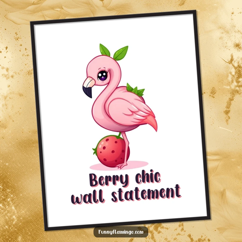 Funny flamingo digital art, a pink bird with a sparkle in its eye hilariously balancing a large berry on its beak.