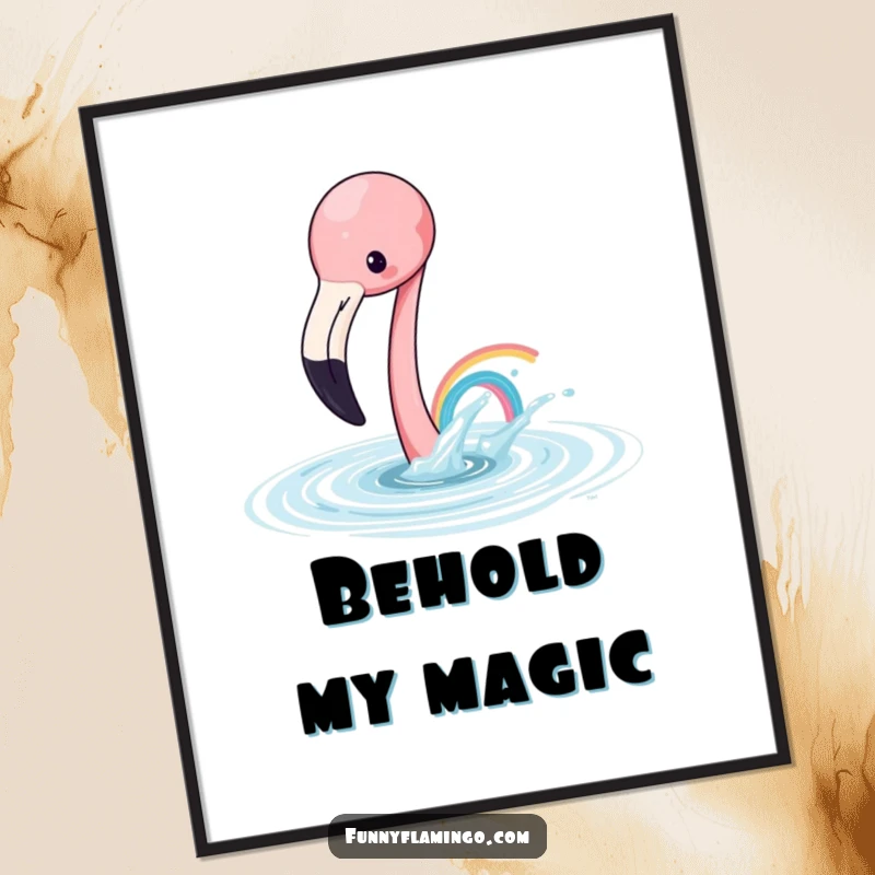 Funny flamingo digital art print of a playful flamingo splashing water to create a tiny rainbow, instant download decor.