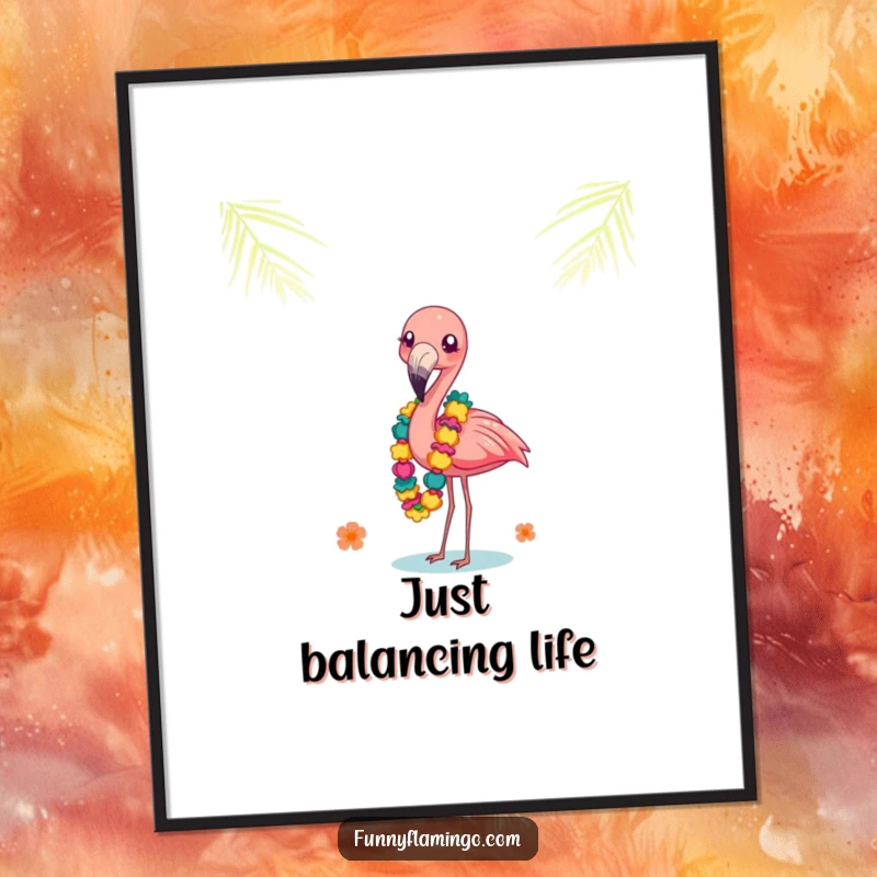 Funny flamingo giggling balancing leis on its beak, as downloadable art. Tropical and funny decor.