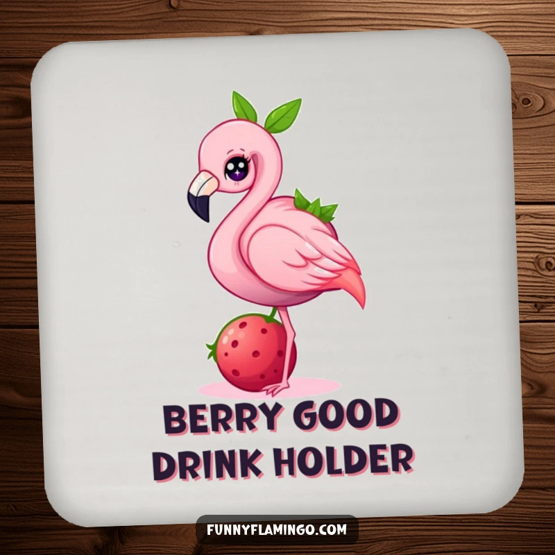 Funny flamingo coaster, a pink bird balancing a giant berry, adding a touch of humor to drink protection.