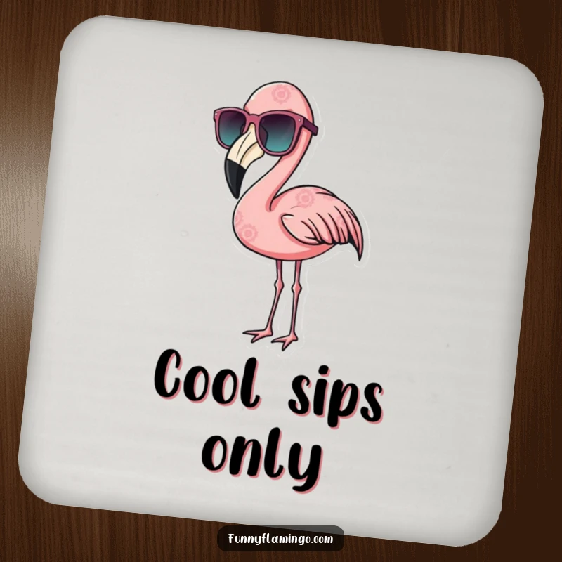 Funny flamingo coasters featuring a bird wearing oversized sunglasses, adding a cool vibe to your drinks.