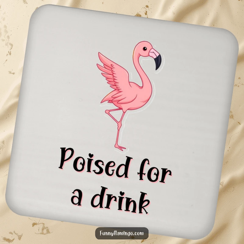 Funny flamingo coasters featuring a pink bird in a dramatic, elegant pose, adding humor to your drink.