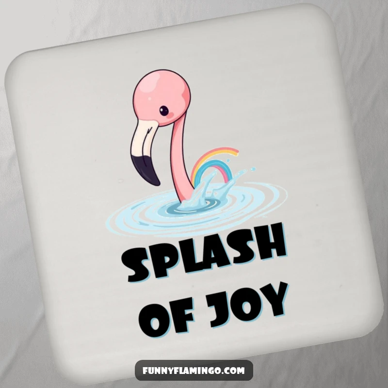 Funny flamingo coasters featuring a playful flamingo splashing water to create a tiny rainbow, protecting surfaces with art.