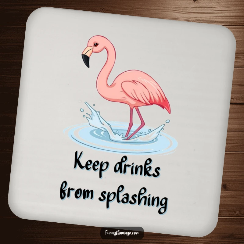 Funny flamingo coaster, a pink bird playfully splashing water with its beak, adding humorous charm to tables.