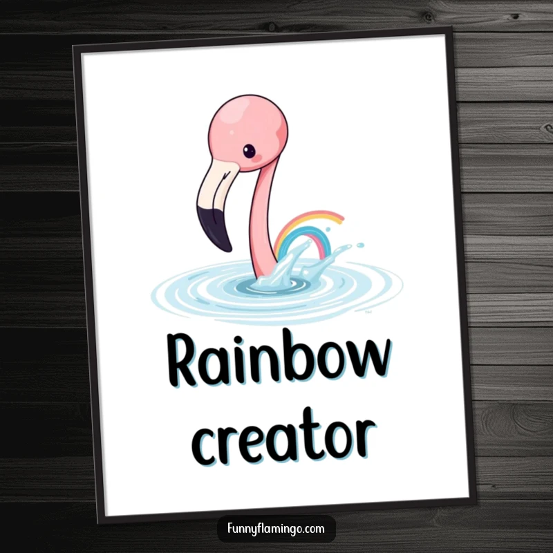 Funny flamingo poster print of a playful flamingo creating a tiny rainbow splash, vibrant and cheerful wall art.