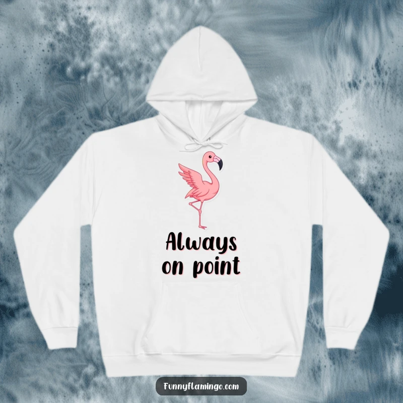 Funny flamingo hoodie showing a pink bird striking an elegant, dramatic pose with one leg extended high.