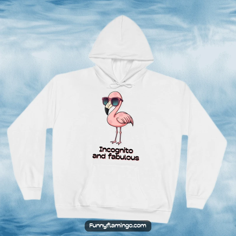 Funny flamingo hoodie featuring a bird wearing oversized sunglasses, projecting a super cool and nonchalant aura.
