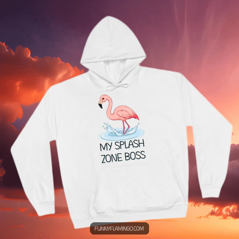 Funny flamingo hoodie, a cute pink bird joyfully splashing water with its beak, perfect for cozy and humorous wear.