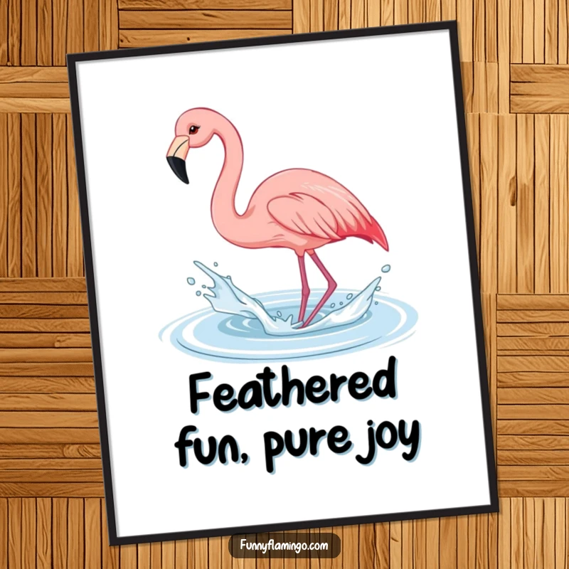 Funny Free Printable Flamingo Wall Art: A lively flamingo playfully splashes water with its beak, adding a touch of fun to decor.
