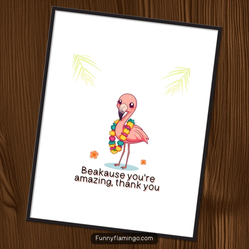 Funny Free Printable Wall Art: A giggling flamingo balancing colorful leis on its beak, creating a whimsical and humorous tropical vibe.