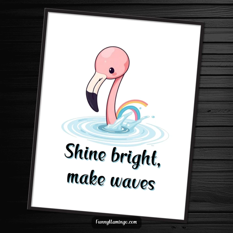 Funny Free Printable Wall Art: Playful flamingo splashing water with its beak, creating a tiny rainbow effect.