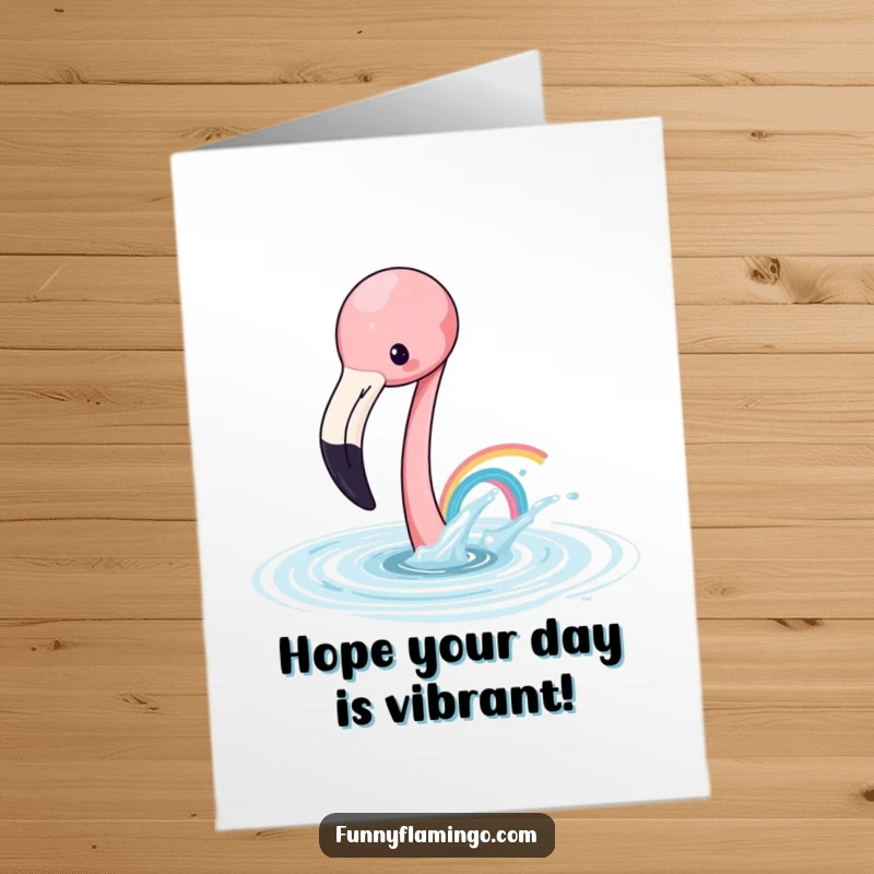 Funny Free Printable Birthday Card: Playful flamingo splashing water, creating a tiny rainbow for birthday wishes.