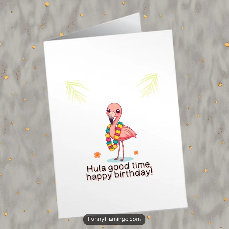 Funny Free Printable Birthday Card: Flamingo giggles while balancing colorful leis on its beak, wishing a happy celebration.