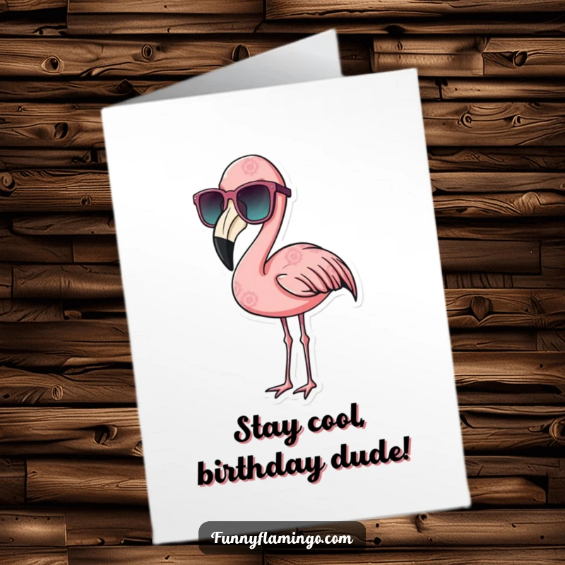 Funny Free Printable Birthday Card: Flamingo wearing oversized sunglasses, looking effortlessly cool and nonchalant. Chill vibes.