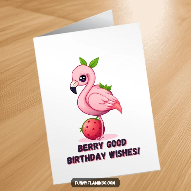 Funny Free Printable Flamingo Birthday Card: A happy flamingo with a sparkle balances a giant berry, ready to party.