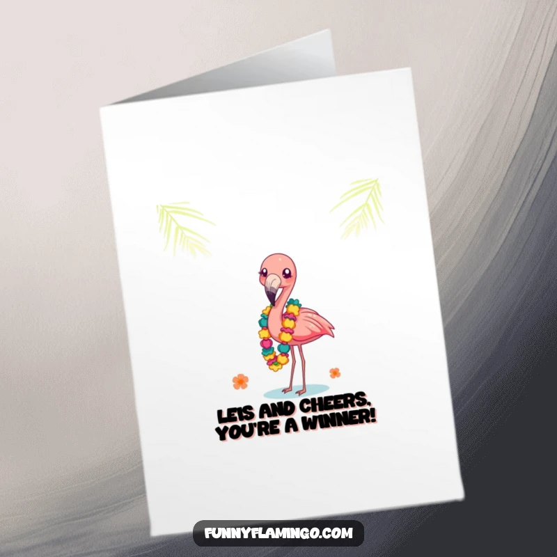 Funny Free Printable Congratulations Card: A giggling flamingo balances leis on its beak, celebrating achievements with a playful tropical spirit.