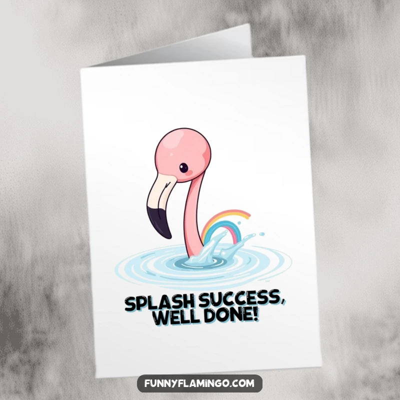 Funny Free Printable Congratulations Card: Playful flamingo splashing water, making a rainbow to celebrate their big win.