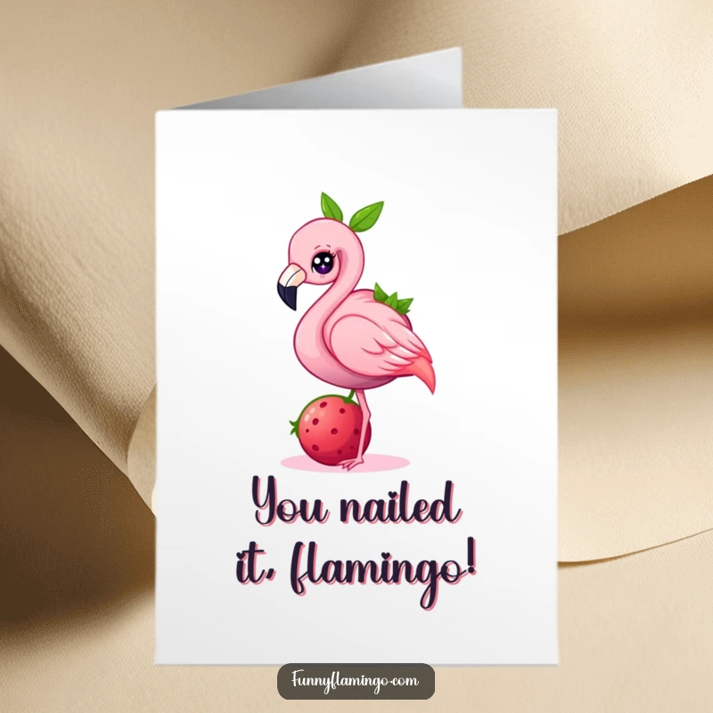 Funny Free Printable Flamingo Congrats Card: A celebratory flamingo with a sparkle balances a giant berry, cheering you on.