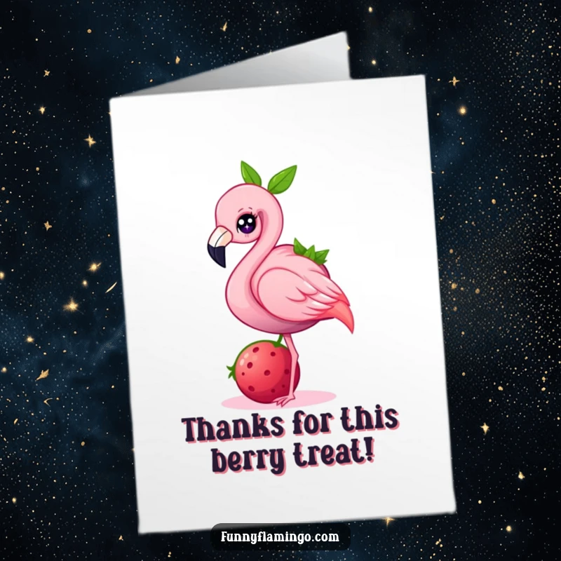 Funny Free Printable Flamingo Thank You Card: A cheerful flamingo balancing a berry offers a heartfelt, humorous thank you.