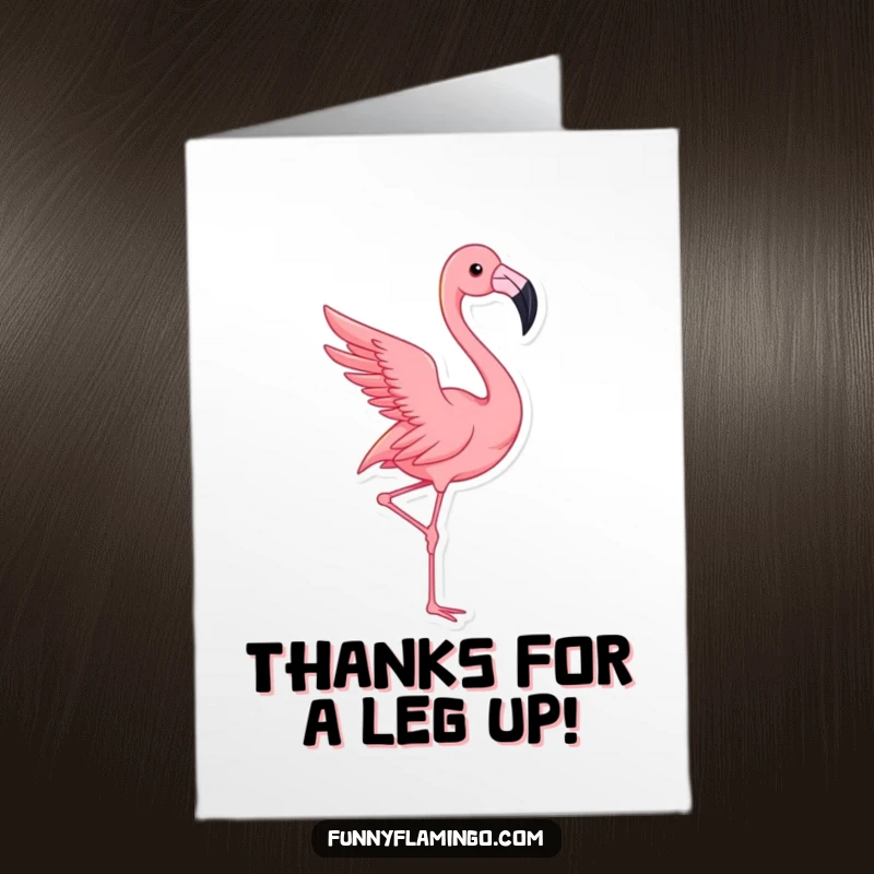 Funny Free Printable Thank You Card: Pink flamingo striking a dramatic pose, sending thanks. Hilarious downloadable.
