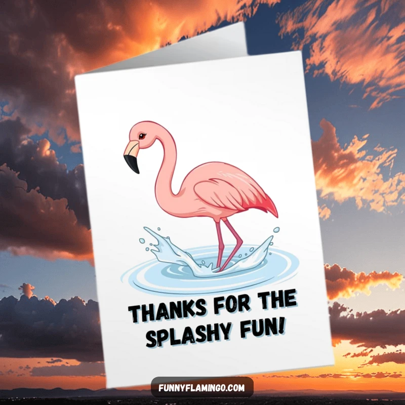 Funny Free Printable Flamingo Thank You Card: A happy flamingo splashes water with its beak, delivering a fun thank you message.