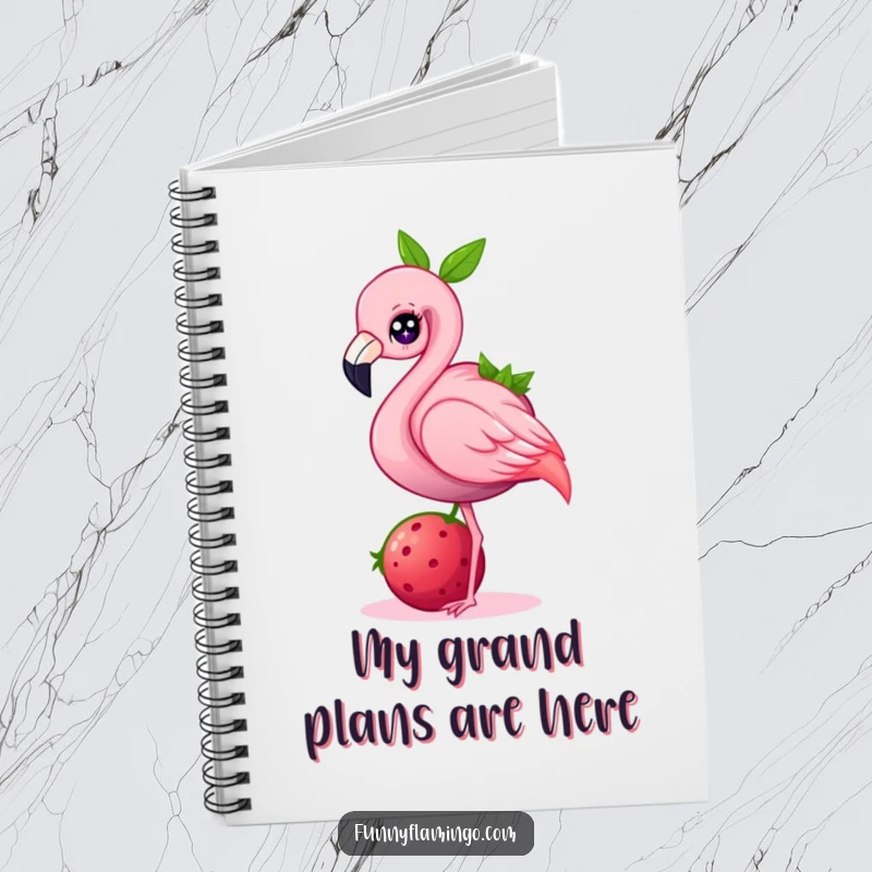 Funny flamingo notebook, a pink bird with a sparkle in its eye balancing a large berry, ideal for note-taking fun.