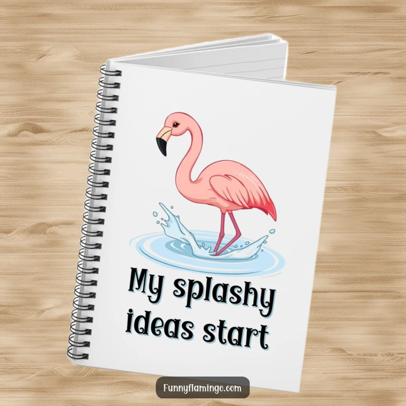 Funny flamingo notebook, a pink bird playfully splashing water with its beak, ideal for fun and creative notes.