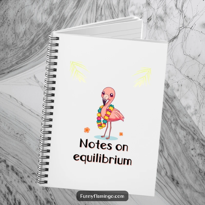 Funny flamingo giggling and balancing leis on its beak on a notebook cover. Ideal for journaling, a funny gift.