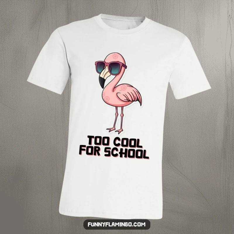 Funny flamingo t-shirt with a bird sporting large sunglasses, looking incredibly cool and relaxed.