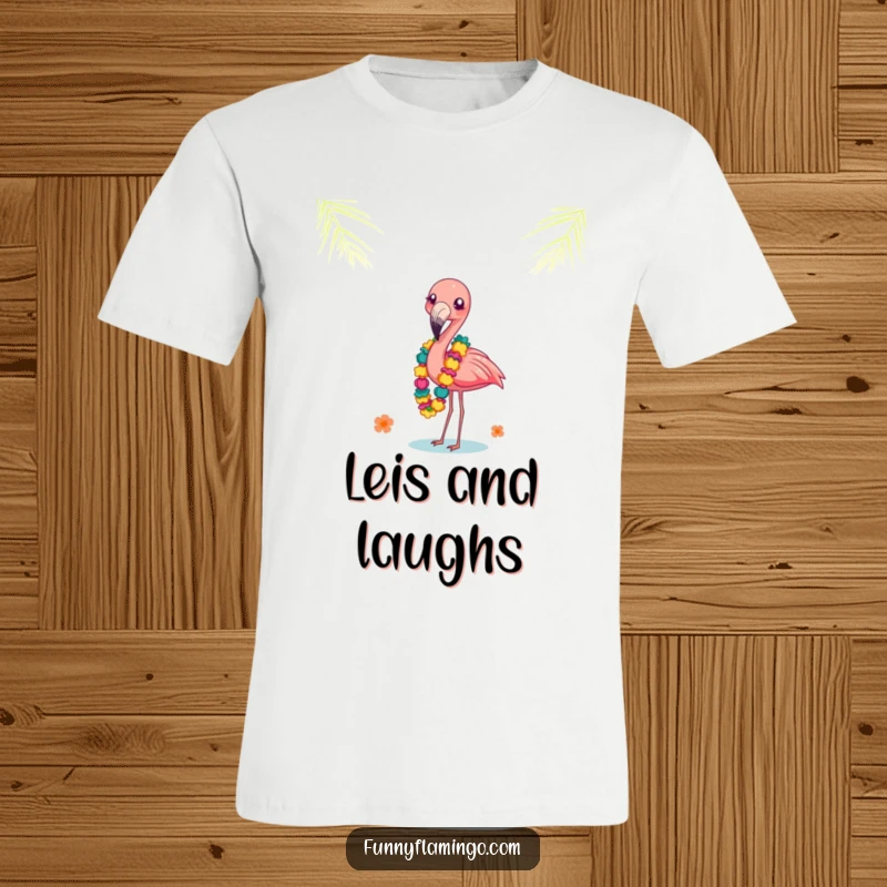 Funny flamingo giggling, balancing a pile of leis on its beak. A cheerful and funny tropical t-shirt.